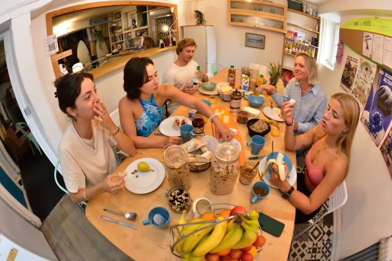 Guests gathered around the breakfast table